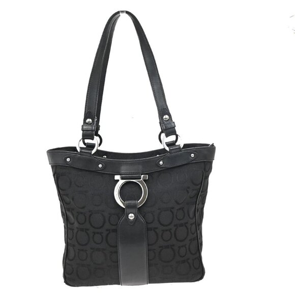 SALVATORE FERRAGAMO Gancini Tote Shoulder Bag Canavs Leather Black SHW 09KB197 - Picture 1 of 14